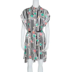 Versace Monochrome Floral Printed Silk Belted Shirt Dress S For Women