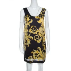 Versace Black Scarf Printed Silk Satin Sleeveless Mini Dress S For Women