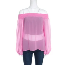 Versace Collection Pink Sheer Silk Smocked Off Shoulder Long Sleeve Blouse L For Women