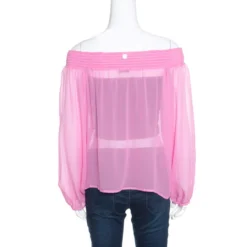 Versace Collection Pink Sheer Silk Smocked Off Shoulder Long Sleeve Blouse L For Women -Versace Official Website luxury women versace used clothes p156718 0003