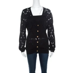 Versace Black Pointelle Knit Button Front Long Sleeve Cardigan XL For Women