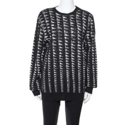 Versace Collection Monochrome Patterned Jacquard Shoulder Zip Detail Sweater L For Women