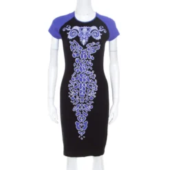 Versace Collection Black And Purple Jacquard Knit Fitted Cap Sleeve Dress M For Women