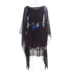 Versace Collection Black Shell Printed Silk Tasseled Edge Beach Kimono M For Women