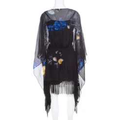 Versace Collection Black Shell Printed Silk Tasseled Edge Beach Kimono M For Women -Versace Official Website luxury women versace used clothes p176726 1550670867 007