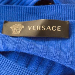 Versace Cobalt Blue Ribbed Wool Knit Medusa Fitted Midi Dress L For Women -Versace Official Website luxury women versace used clothes p176777 006