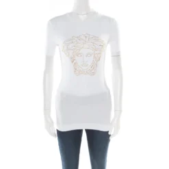 Versace White Crystal Embellished Medusa Icon Short Sleeve T-Shirt S For Women