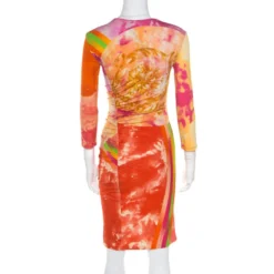 Versace Multicolor Baroque Printed Jersey Ruched Dress S For Women -Versace Official Website luxury women versace used clothes p180467 003