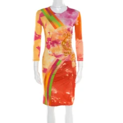 Versace Multicolor Baroque Printed Jersey Ruched Dress S For Women