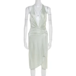 Versace Mint Green Draped Medusa Clasp Detail Halter Dress S For Women