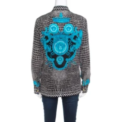 Versace Black And Blue Abstract Medusa Print Silk Blouse M For Women -Versace Official Website luxury women versace used clothes p195630 002