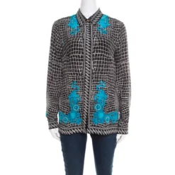 Versace Black And Blue Abstract Medusa Print Silk Blouse M For Women