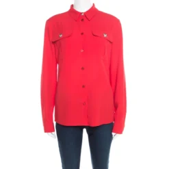 Versus Versace Red Crepe Medusa Button Detail Long Sleeve Blouse M For Women