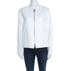 Versace White Cotton Linen Embossed Zip Front Jacket M For Women