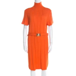 Versace Collection Orange Cable Knit Wool Belted Sweater Dress L For Women