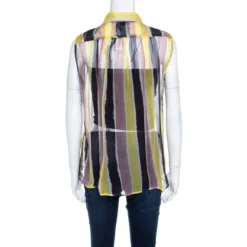 Versace Collection Multicolor Striped Sheer Silk Pearl Button Detail Sleeveless Shirt M For Women -Versace Official Website luxury women versace used clothes p205307 006