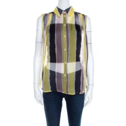 Versace Collection Multicolor Striped Sheer Silk Pearl Button Detail Sleeveless Shirt M For Women