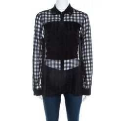 Versace Black Sheer Checkered Cotton Silk Gold Medusa Button Detail Shirt S For Women