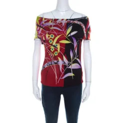 Versace Multicolor Floral Print Stretch Knit Off Shoulder Top M For Women