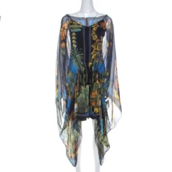 Versace Multicolor Palm Springs Print Sheer Silk Kaftan Top L For Women