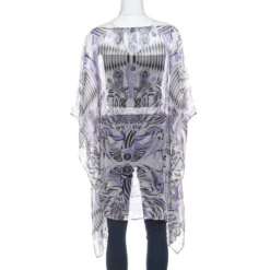Versace White And Purple Fish Print Sheer Silk Kaftan Tunic Top M For Women -Versace Official Website luxury women versace used clothes p215830 002