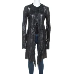 Gianni Versace Vintage Black Leather Fringe Overcoat S For Women