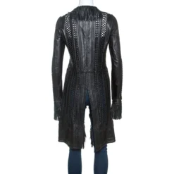 Gianni Versace Vintage Black Leather Fringe Overcoat S For Women -Versace Official Website luxury women versace used clothes p245293 008