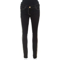 Versace Black Denim Greek Key Eyelet Trim Slim Fit Jeans S For Women