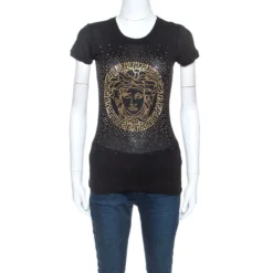 Versace Black Jersey Medusa Embellished T-shirt S For Women