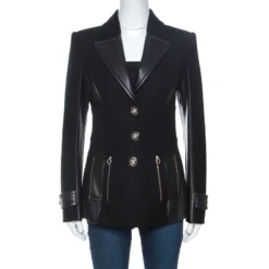 Versace Black Wool And Leather Patch Detail Tailored Jacket M For Women