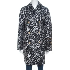 Versace Monochrome Jacquard Wool Double Breasted Coat M For Women