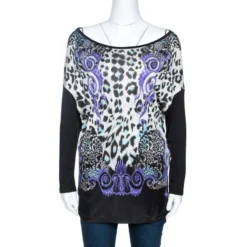 Versace Collection Black Printed Knit Dolman Sleeve Top S For Women