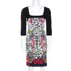 Versace Collection Black Printed Crepe Sheath Dress M For Women