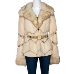 Versace Cream Mink Fur Stud Embellished Belted Coat S For Women