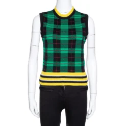 Versace Green Wool Tartan Pattern Sleeveless Sweater Vest S For Women
