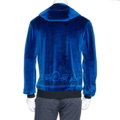Versace Blue Jacquard Velvet Leather Trim Zip Front Hoodie S For Women -Versace Official Website luxury women versace used clothes p322198 001