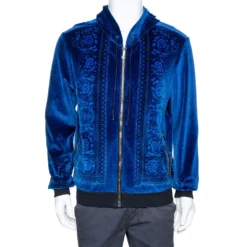 Versace Blue Jacquard Velvet Leather Trim Zip Front Hoodie S For Women