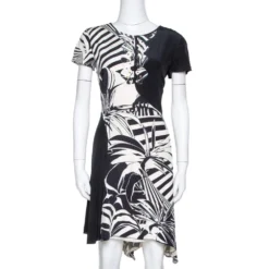 Versace Black Printed Silk Asymmetric Knee Length Dress M For Women