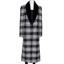 Versace Black Plaid Wool & Silk Mink Fur Trim Long Coat S For Women
