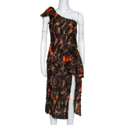 Versace Brown Camouflage Fil Coupé One-Shoulder Dress S For Women