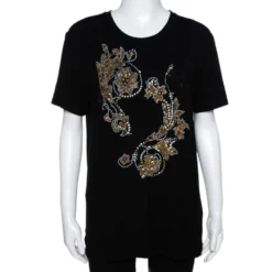 Versace Black & Gold Logo Embellished Jersey T Shirt M For Women