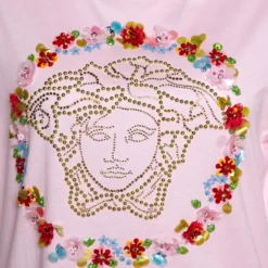 Versace Pink Cotton Medusa Embellished Crew Neck T-Shirt M For Women -Versace Official Website luxury women versace used clothes p330164 001