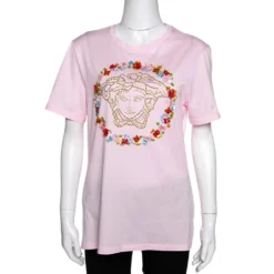 Versace Pink Cotton Medusa Embellished Crew Neck T-Shirt M For Women