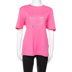 Versace Pink Cotton Medusa Appliqued Crew Neck T-Shirt L For Women