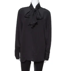 Versace Black Silk Tie Neck Detail Button Front Blouse L For Women