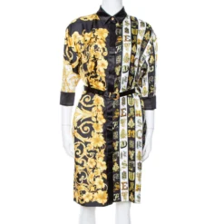 Versace Black Hibiscus Print Silk Belted Shirt Dress M For Women