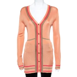 Versace Peach Knit Striped Button Front Cardigan M For Women