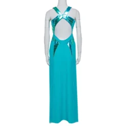 Versace Blue Leather Embellished & Silk Front Slit Detail Dress M For Women -Versace Official Website luxury women versace used clothes p365073 001