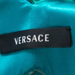 Versace Blue Leather Embellished & Silk Front Slit Detail Dress M For Women -Versace Official Website luxury women versace used clothes p365073 005