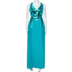 Versace Blue Leather Embellished & Silk Front Slit Detail Dress M For Women